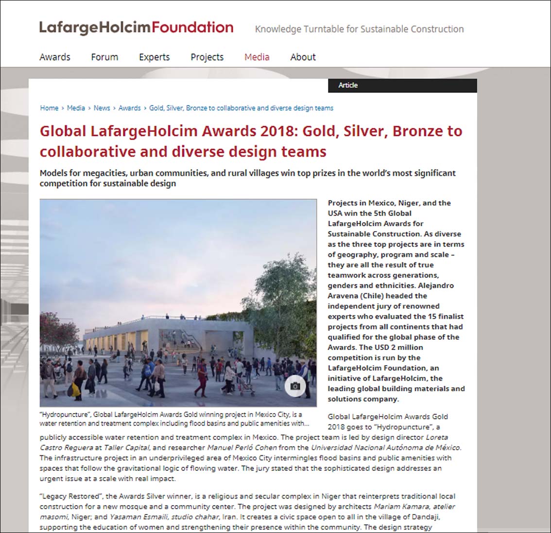 Global Lafarge Holcim Awards 2018 ,Gold Silver Bronze to collaborative and divers design teams Lafarge Holcim Foundation - March 2018